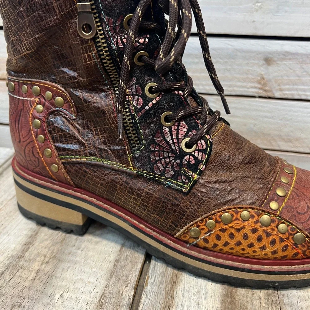 Spring Step L'Artiste Leather Combat Boots Studded Patchwork Floral Size 40
